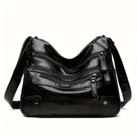 Women Shoulder Bag Large Capacity Washed Leather Messenger Bags Multi Zipper (Color: Brown)
